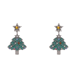 Vintage style Christmas tree earrings with colorful rhinestones in a silver finish