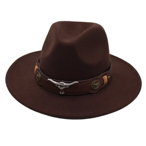 Western dark brown felt cowboy hat featuring leather band and silver bull head buckle