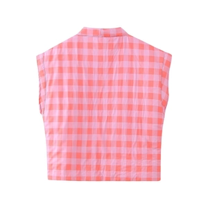 Rear view of pink and red plaid sleeveless vest top showing detailed fabric pattern
