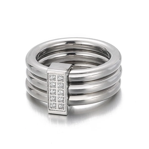 Three-layer silver stainless steel ring with dual-row baguette diamonds in a sleek finish