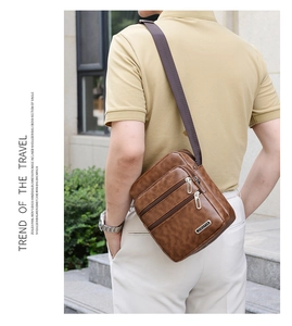 Brown PU leather men's shoulder bag featuring multi-layer zippers and a sleek logo plate