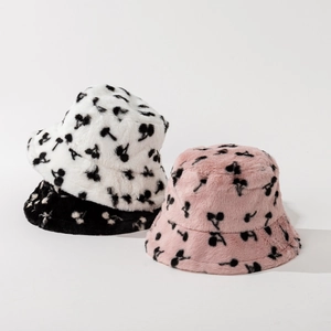 Winter faux rabbit fur bucket hat with cute cherry print in white, pink and black