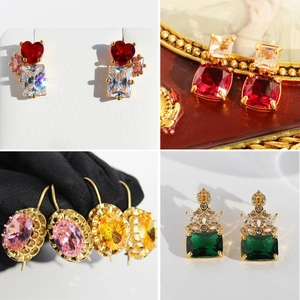Vintage French Brass Zirconia Stud Earrings 925 Sterling Silver Post Heart Geometric Emerald Red Pink Gemstone Earrings