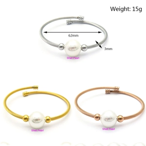 Detail view of adjustable steel wire bracelets with shell pearls in silver, gold and rose gold