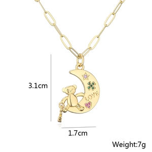 18K gold plated moon pendant necklace with cute bear and colorful zircon inlay stones