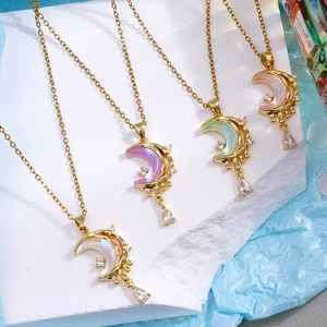 Crescent Moon Pendant Necklace Gold Plated Copper With Water Drop Zircon Dangle For Women Elegant Jewelry Accessory
