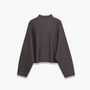 Women's dark gray ribbed knit sweater with stand collar and loose cropped fit
