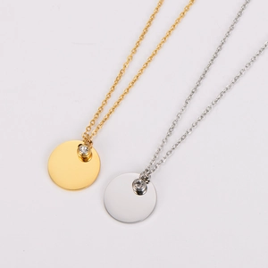 Minimalist stainless steel circular pendant necklaces in gold and silver finish with crystal