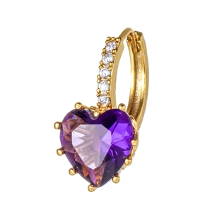 Close-up of 18K gold-plated heart earring with large purple zircon and micro-pave stones