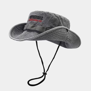 Washed Cotton Bucket Hat Wide Brim Outdoor Camping Hiking Boonie Hat With Windproof Strap Distressed Sun Protection