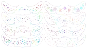 Macro view of eight laser metallic freckle tattoo stickers with diverse glitter patterns