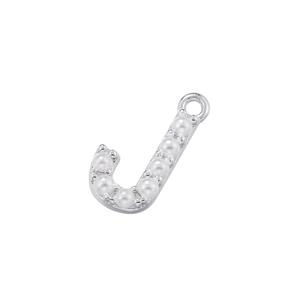 Detailed close-up of a silver-toned letter J pendant with inlaid white pearls