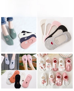 Collage of women's low-cut invisible socks with peach patterns and cat embroidery details
