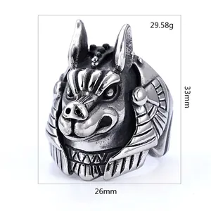 Gothic punk Anubis stainless steel ring with 33mm wolf head design in vintage silver