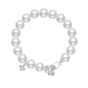 Elegant 925 sterling silver pearl bracelet with sparkling zircon clover charm