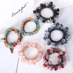 Set of 6 colorful pearl bead elastic hair ties with shimmering faux crystal weaving