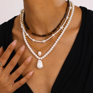 Layered Necklace Stainless Steel Artificial Baroque Pearl Tiger Eye Stone Beaded Chain Retro Elegant Jewelry For Women Waterproof