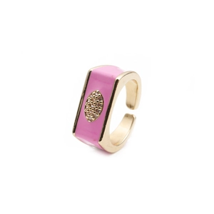 Detail of pink enamel adjustable ring with gold plating and cubic zirconia inlay