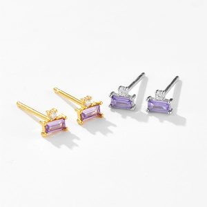 Elegant S925 sterling silver square purple zircon stud earrings in gold and silver