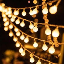 Close-up of warm white LED globe string lights with soft bokeh background effect