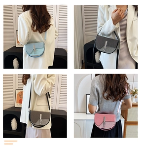 Collage of four vintage woven saddle bags in blue, grey, tan and pink shown on a model