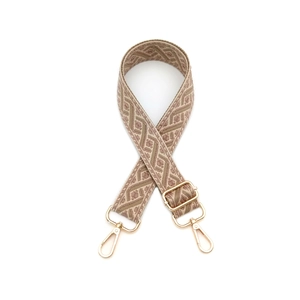 Vue détaillée d'une bandoulière tissée beige et marron avec boucles en métal doré