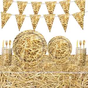Partygeschirr-Set mit Strohtextur, Papptellern, Bechern, Servietten und goldenem Besteck