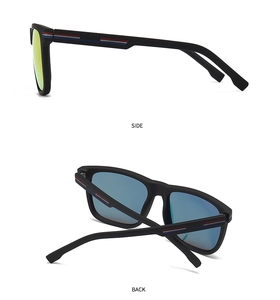 Detail view of TR sunglasses showing side profile with tricolor stripes and back structure