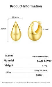Detailed size specifications for teardrop S925 silver earrings with 18K gold plating