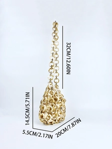 Detailed view of woven acrylic resin panels and chain strap with precise size dimensions