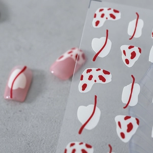 Adesivi per unghie 5D sottili con stampa mucca rossa e linee astratte su base grigia