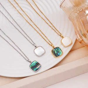 18K gold plated square mother of pearl and abalone shell pendant necklaces set