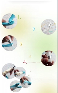 Detailed 5-step guide showing manual cake airbrush assembly and pastry bag setup