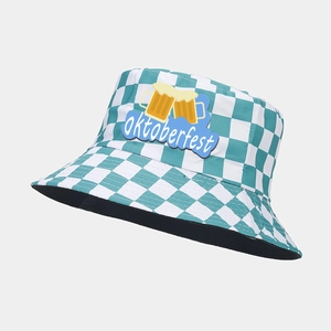 Green and white checkered Oktoberfest bucket hat with beer mugs and blue script text