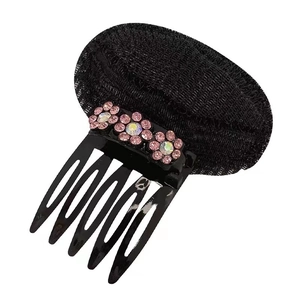 Invisible hair volume pad with black plastic comb and pink rhinestone flowers