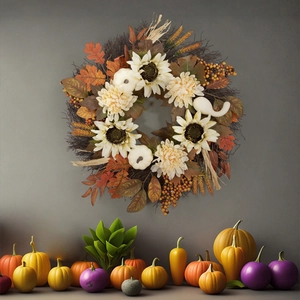 Detail of autumn wreath with sunflowers, white pumpkins and maple leaves on a clean backdrop