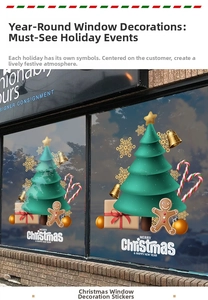 Window display with Christmas tree, gingerbread man, and festive static stickers