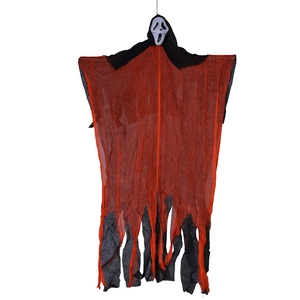 Detailed view of Halloween hanging ghost decor with Ghostface mask and tattered fabric