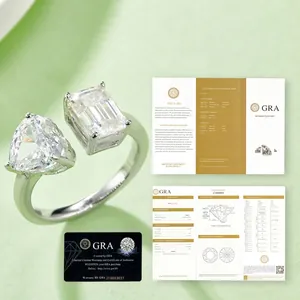 S925 sterling silver ring with heart and emerald cut moissanite and GRA certificate