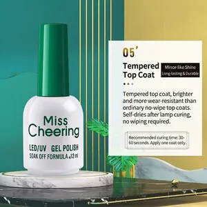Detail of 12ml LED/UV tempered top coat gel polish in a white bottle with green cap