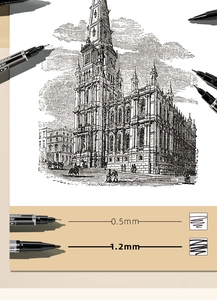Detail showing 0.5mm and 1.2mm dual tip permanent markers with drawing demo