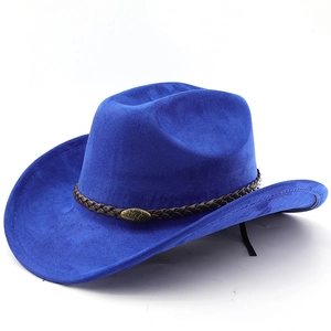 Detail of royal blue suede cowboy hat featuring a braided band and bull metallic buckle