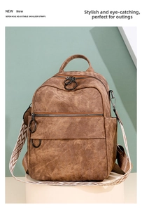 Dettaglio zaino vintage marrone con cerniere rotonde e tracolla jacquard geometrica