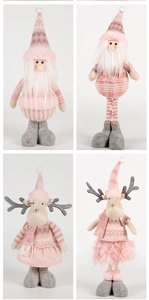 Detail of four Nordic Santa and reindeer dolls in pink, white and grey knit texture