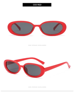 Front and side views of vintage oval red sunglasses with dark grey lenses and high gloss