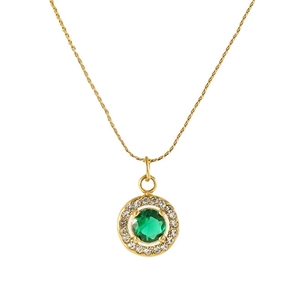 18K gold plated stainless steel necklace with green zircon pendant and crystal halo