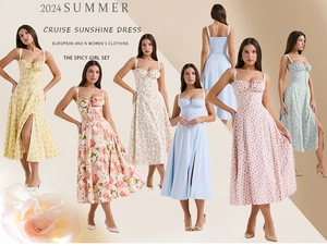 Detailed pattern overview of summer backless midi dresses with floral prints and slit
