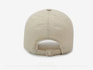 Rear view of quick-dry baseball cap featuring laser-cut ventilation holes and adjustable strap