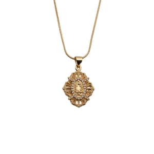 Close-up of gold hollow pendant necklace with portrait relief and zircon detailing
