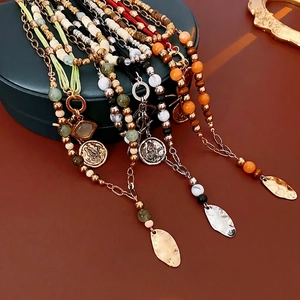 Multi Layered Necklace Bohemian Vintage Wood Beads Alloy Chain Butterfly Coin Leaf Pendant Jewelry Women